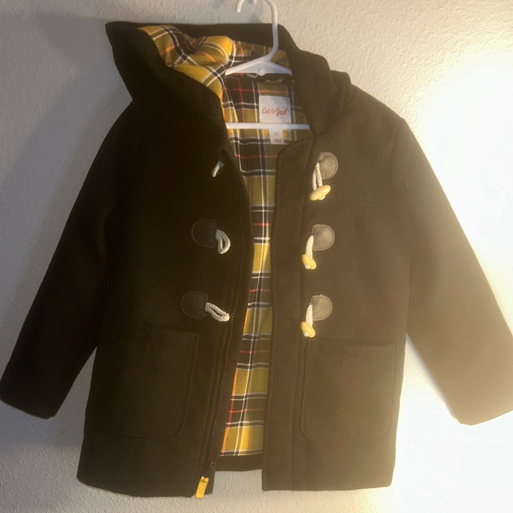 Cat & Jack Black Pea Coat with Yellow Plaid Interior